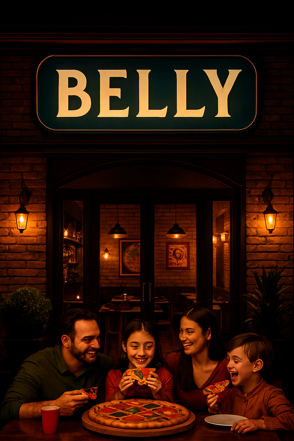 Fachada da Belly iluminada à noite