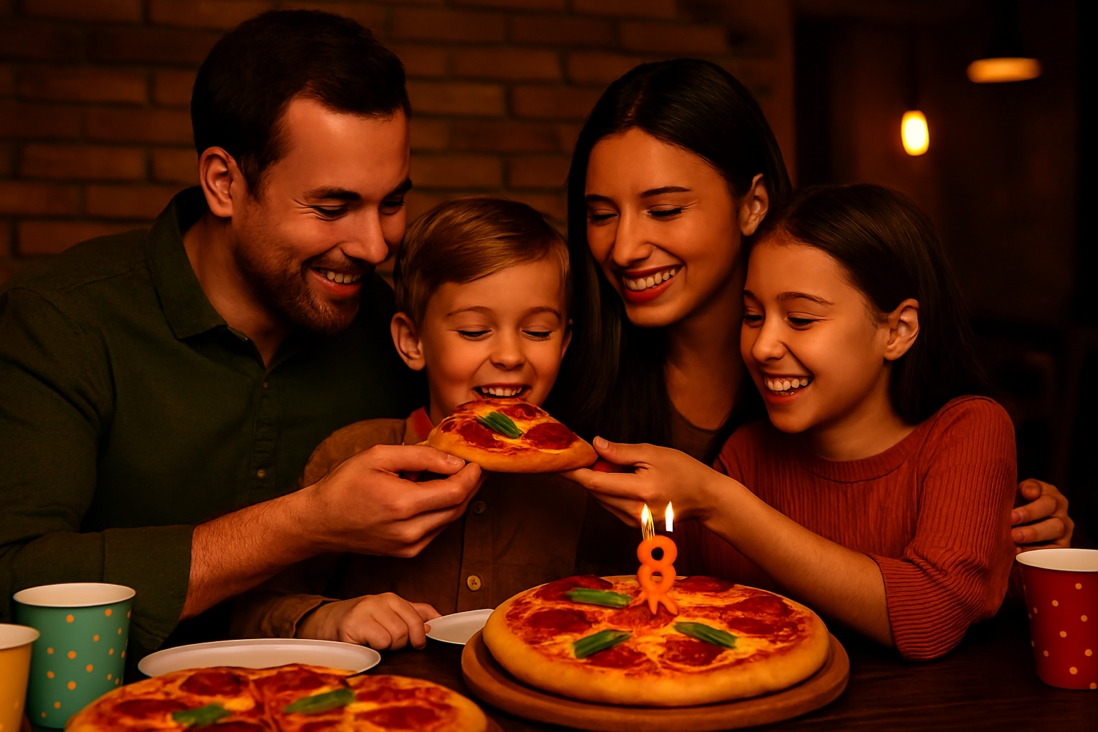 Família reunida saboreando pizza